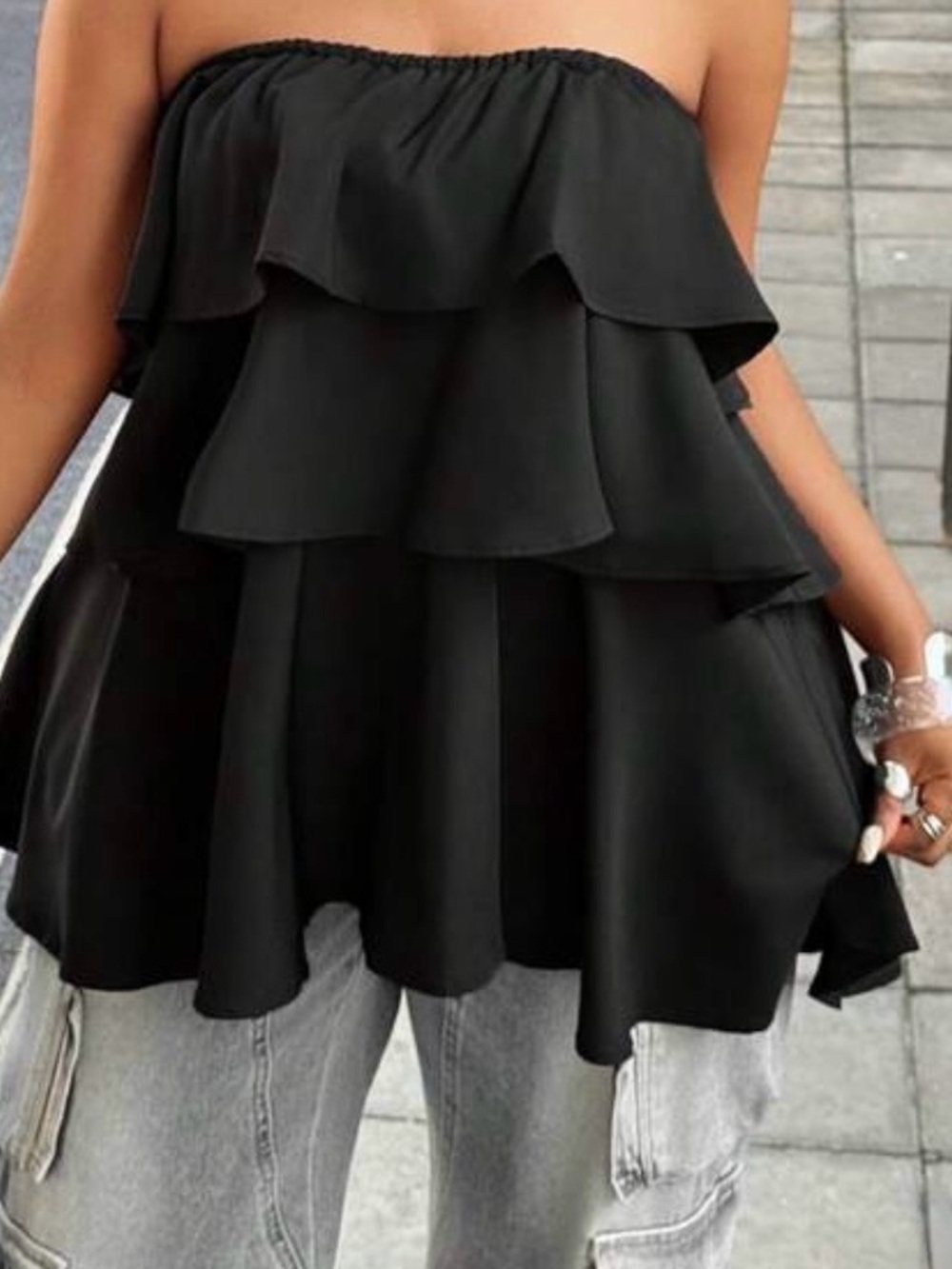 SHEIN Black Strapless Tiered Ruffle Top